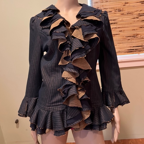 Janice Nelli Denim Pinstripe Ruffle Jacket Size L - Picture 1 of 8